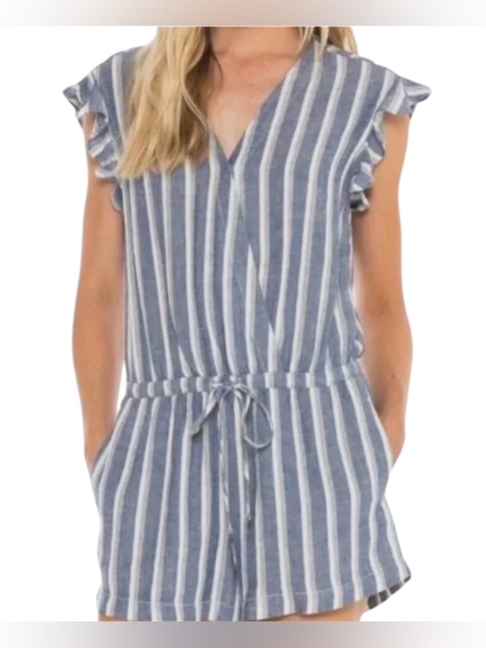 cloth & stone Linen Blend Romper Striped Ruffle Blue White V-Neck Size Small